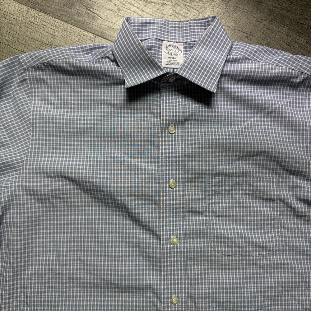 Brooks Brothers Men's Size - 16.5 35 Regent Blue Check Long Sleeve Button Down